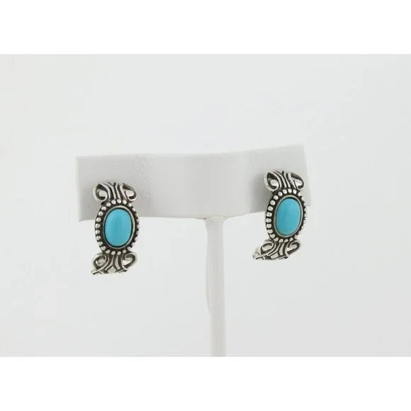 Sterling Silver Blue Turquoise Half Hoop Earrings Avon 3/4" x 3/8" - Picture 5 of 8